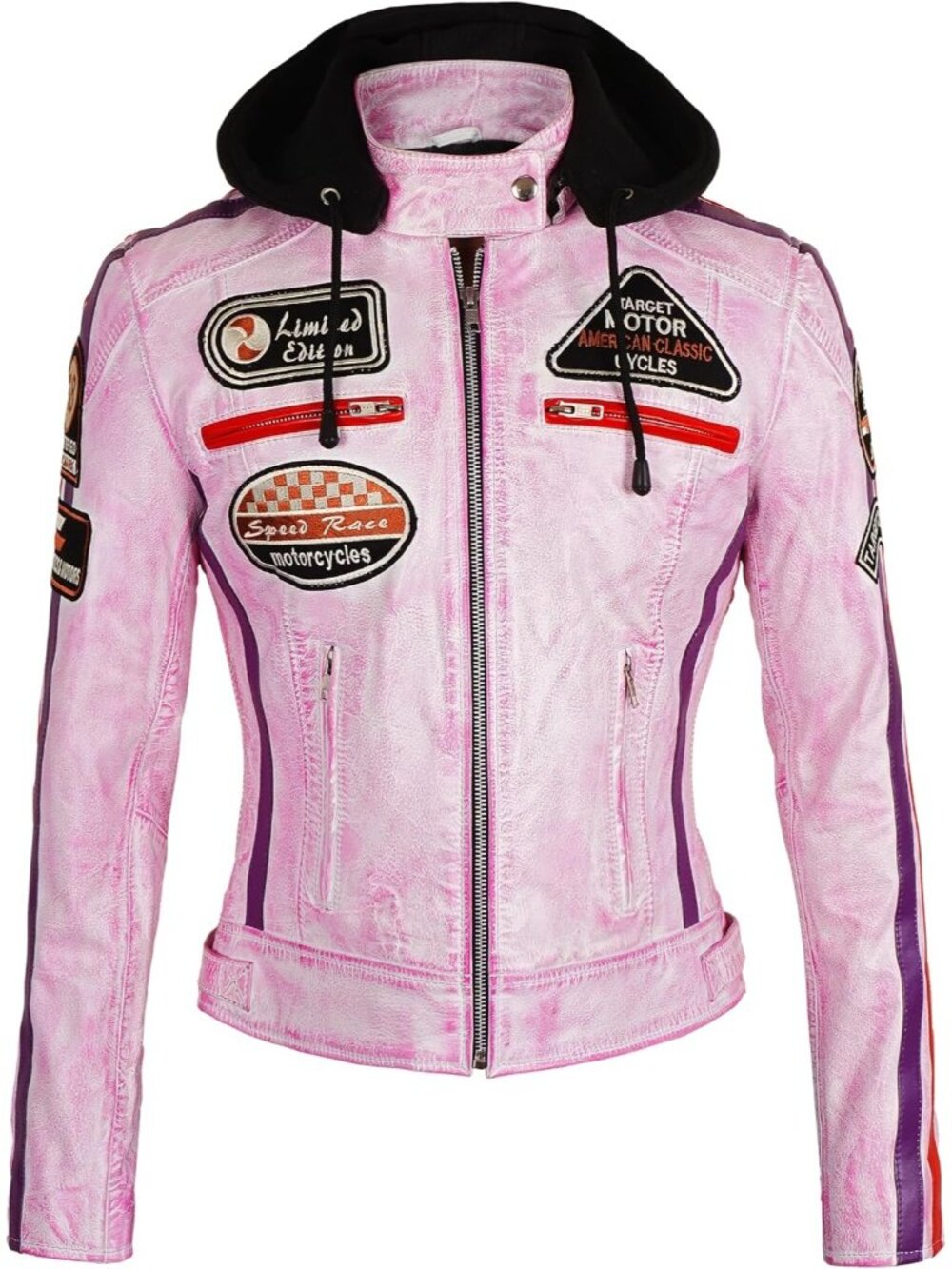 Women’s Purple Vintage Moto Biker Jacket Removable Hood Retro Patch Leather Coat
